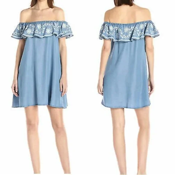 REBECCA MINKOFF Dev Off Shoulder Chambray Lyocell Embroidered Dress M - Picture 1 of 8